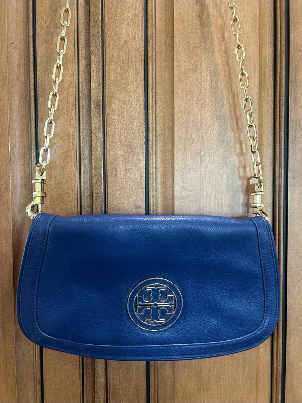 Tory Burch Royal Blue Leather Crossbody with Gold Chain